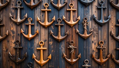 Seamless pattern of ship anchors arranged on dark docked wood surface