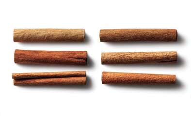 Six cinnamon sticks, varying in color and texture, arranged in two columns against a clean, white background