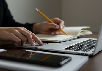 A person takes notes by hand with a yellow pencil, next to a laptop and smartphone.