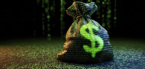 The Digital Money Bag Representing Cybersecurity, Cryptocurrency, and Virtual Wealth in Green