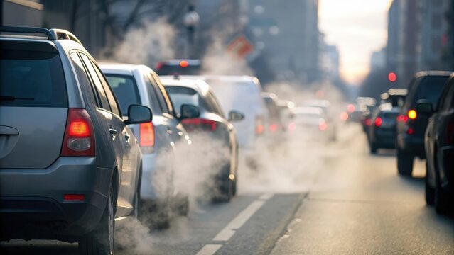 Morning city traffic jam with cars releasing exhaust — emphasizing urban air pollution and environmental impact