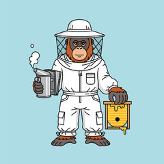 Cartoon orangutan beekeeper in white suit holding a smoking bee smoker and a small beehive.