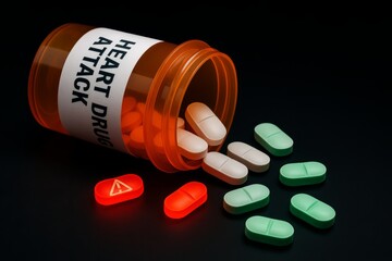 Prescription bottle labeled 'Heart Drug Attack' spills pills and warning symbols on black background