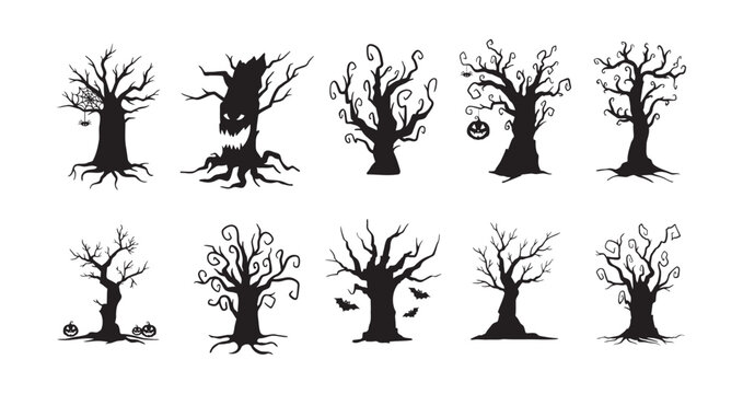 Halloween hand drawn spooky tree doodle silhouette set. Creepy trees 