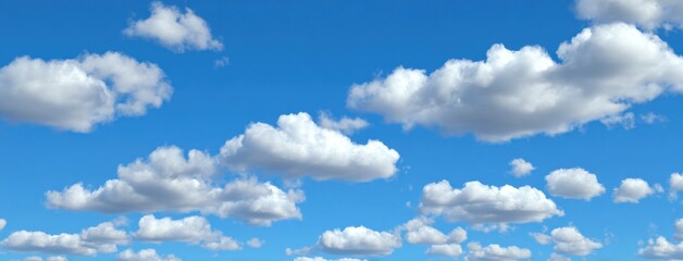 A bright blue sky filled with fluffy white cumulus clouds scattered across the horizon, creating a tranquil and airy atmosphere