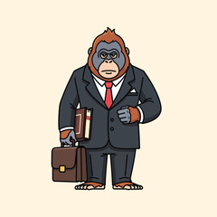 Professional Orangutan Businessman in Dark Suit Holding Briefcase and Book Cartoon Illustration.