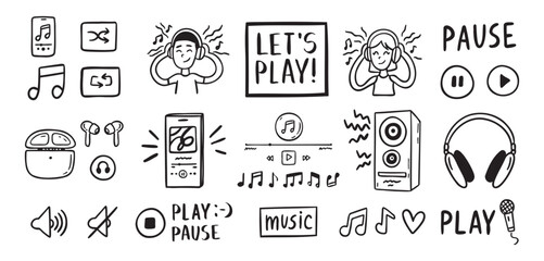 Audio music listening concept sound doodle hand drawn icon Set. Headphones interface buttons musical notes © Yanka