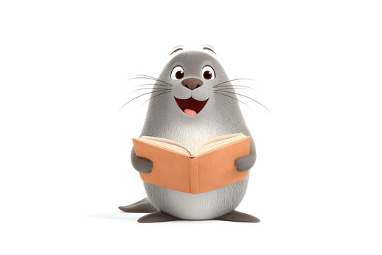 cheerful seal clapping with excitement while holding an open math book, 3d animation, isolated on a white background