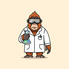 Adorable cartoon orangutan scientist in white lab coat and goggles holding a colorful conical flask.