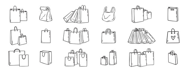 Obraz na płótnie Canvas Shopping bags icons doodle hand drawn set. Paper shopping bags drawing line outline vector black Set 