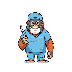 Cartoon orangutan surgeon in blue scrubs surgical cap and face mask holding a scalpel.