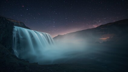 A majestic waterfall cascades powerfully beneath the starry night sky, surrounded by rugged cliffs and misty air, creating a serene and dramatic natural landscape scene