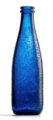 A tall blue glass bottle is covered with water droplets against a stark white background
