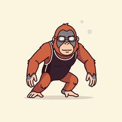 Cartoon orangutan in black wrestling singlet and glasses crouching in an athletic stance.