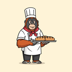 Friendly cartoon orangutan chef in uniform holding a silver tray with two golden brown bread loaves.