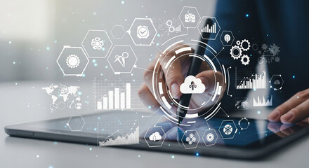 Professional analyzing digital data streams on tablet, innovative technology concept for business growth