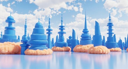 Futuristic Blue Cityscapes with Fluffy Clouds under Bright Sky