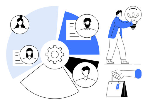 Circular chart shows profiles and documents, a figure holds a lightbulb symbolizing ideas, and a hand presents a shopping bag. Ideal for teamwork, creativity, innovation, strategy, organization