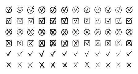 Obraz na płótnie Canvas Check marks hand drawn doodle set. tick, cross signs for checkbox, checklist, v and x in sketch set.
