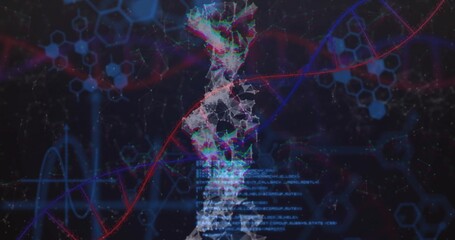 Floating low-poly digital figure interacting with DNA helix in virtual realm, with scrolling code