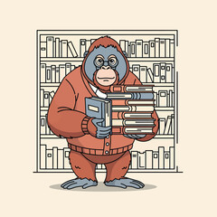Intelligent cartoon orangutan wearing glasses holding a stack of books dressed in a cozy cardigan. © Bruno
