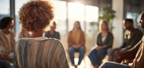 The woman leading a diverse support group in bright modern meeting space
