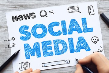 Hand-drawn "Social Media" concept on paper, highlighted in blue, with sketched icons and hands drawing with black pens