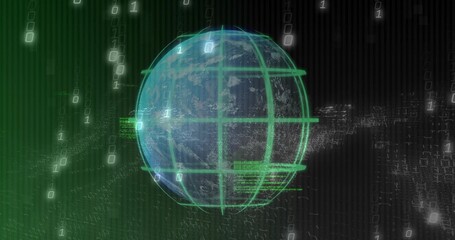 Displaying semi-transparent Earth globe with green grid overlay in data network, with binary digits