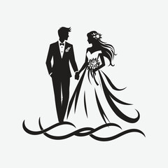 Elegant wedding couple silhouette. Bride in gown holding bouquet and groom in tuxedo. Perfect for invitation, valentine, romantic decoration, and marriage design projects