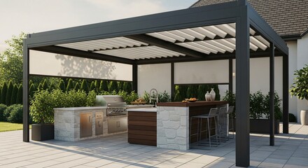 Modern Outdoor Kitchen & Bar under a Stylish Pergola