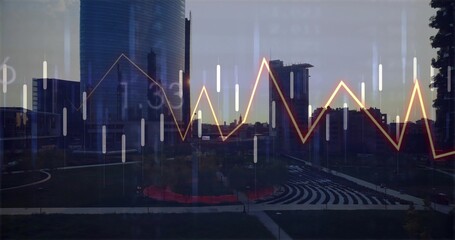 Displaying financial chart overlaying city plaza at dusk, with candlestick bars, glowing line graph
