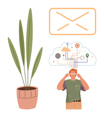 Man pondering with tech-themed cloud of connected icons above, email envelope, potted plant. Ideal for creativity, problem-solving, brainstorming, innovation, remote work, modern life simple flat