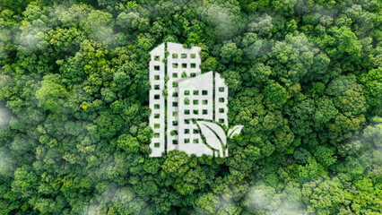 sustainable green building environmentally friendly buildings Future green business idea Environmental sustainability goals in 2050. White building shape amidst pristine nature.