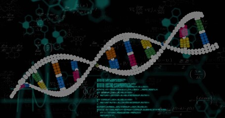 Rendering DNA double helix undulating in lab interface, with chemical diagrams and code snippets
