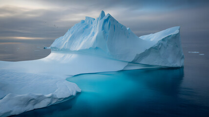 Spectacular view of a colossal iceberg with a brilliant turquoise underwater glow in the calm polar sea