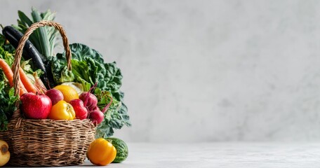 Wicker basket overflowing with colorful fresh produce sits against a mottled, neutral background, casting soft shadows