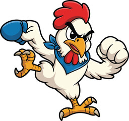 Cartoon fighting chicken with boxing glove and bandana, dynamic action pose, humorous animal mascot illustration, expressive poultry character design, playful combat-themed artwork