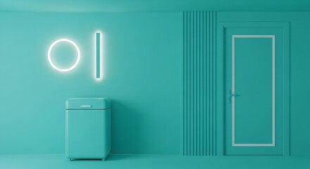 Minimalist Turquoise Room with Neon Circle, Bar Light, and Door