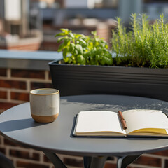 Rooftop balcony table with notebook coffee mug and herb planter
