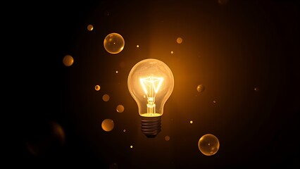 A glowing lightbulb surrounded by floating abstract shapes, radiating warm light against a dark gradient background.