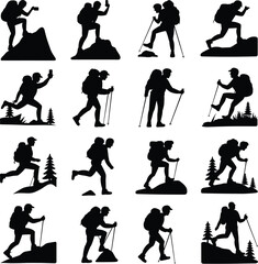 Hiker silhouette icons in various outdoor poses and activities, backpack trekking illustrations, minimalist adventure design set for hiking, climbing, and nature exploration themes