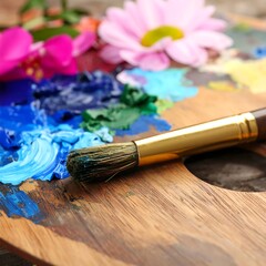 Fototapeta premium Paint palette with flowers and a brush
