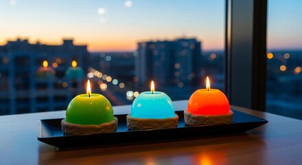 Bright Candles Glow Warmly Overlooking City Lights at Dusk