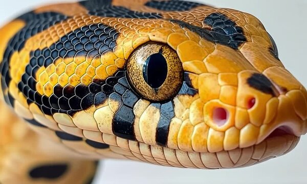 Close-up of snake head with detailed scales and eyes, symbolizing reptile wildlife and danger. 4K high resolution video
