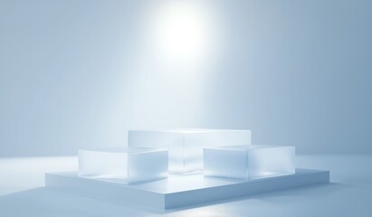 Three empty ice cubes on podium platform in light blue room background for product display presentation abstract technology concept design with copy space