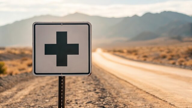 Clear medical services sign on arid road &mdash; guiding visitors to health care in remote area