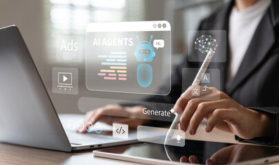 Young woman using laptop with Ai assistant. command to create something