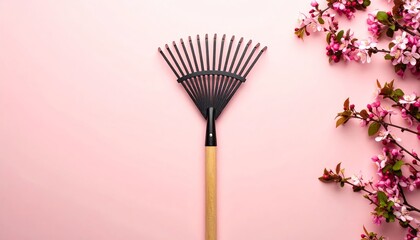 Spring gardening tool concept with rake and blooming branches on pink backdrop