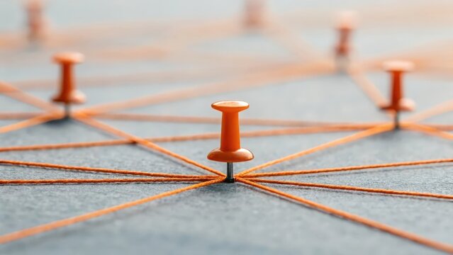 Orange thread connected by pins on gray surface — symbolizing goal setting and business strategy