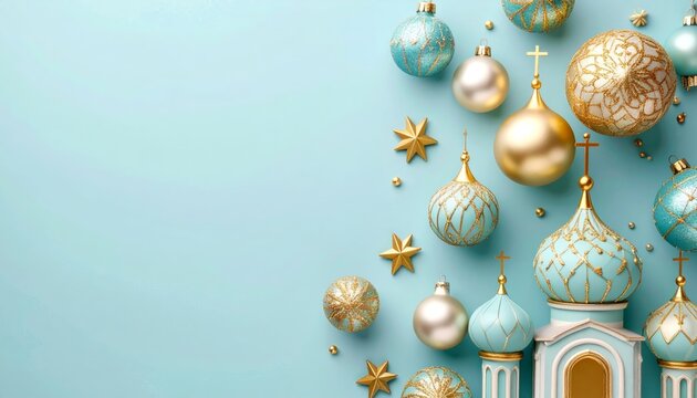 Elegant Christmas Ornaments and Orthodox Church Miniature on Light Blue Background